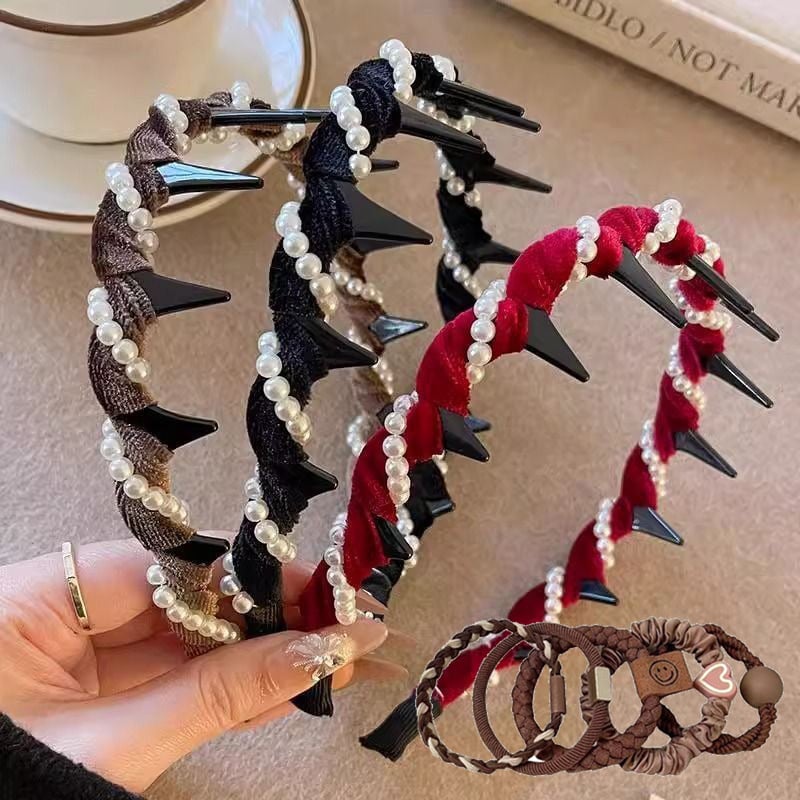 Retro Beaded Claw Headband Set – Vintage-Inspired Hair Accessory with Pearl & Fabric Detail | Stylish Hair Hoop for Women