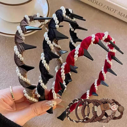 Retro Beaded Claw Headband Set – Vintage-Inspired Hair Accessory with Pearl & Fabric Detail | Stylish Hair Hoop for Women