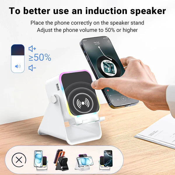 🔥Last day of the limited-time 50% off sale!🔥5-in-1 Wireless Induction Bluetooth Speaker with Adjustable Phone Stand