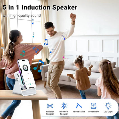 🔥Last day of the limited-time 50% off sale!🔥5-in-1 Wireless Induction Bluetooth Speaker with Adjustable Phone Stand